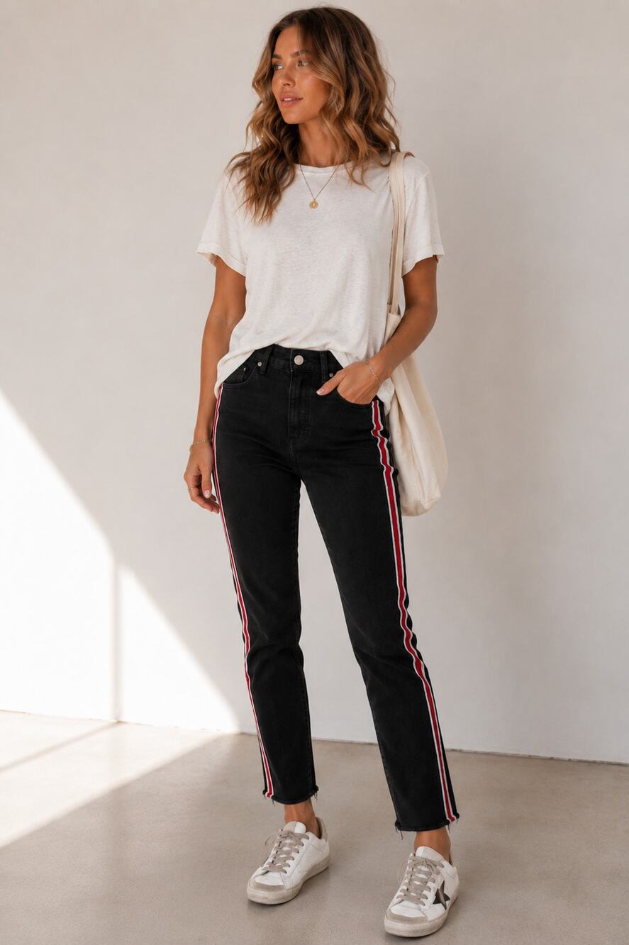 Revice Black Button Fly High Rise Red Stripe Skinny Jeans Womens 25 Raw Hem